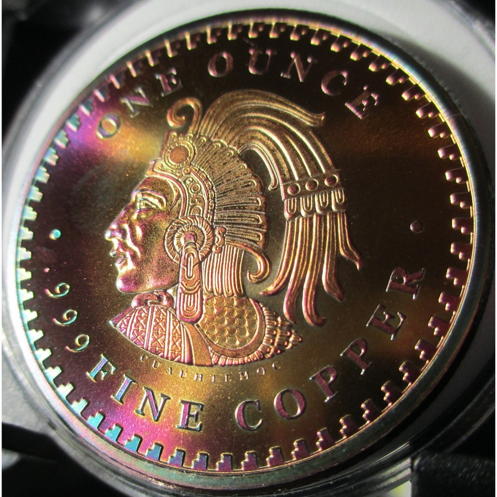 AZTEC CALENDER Rainbow Toned 1 Ounce Copper Round, STUNNING!!!